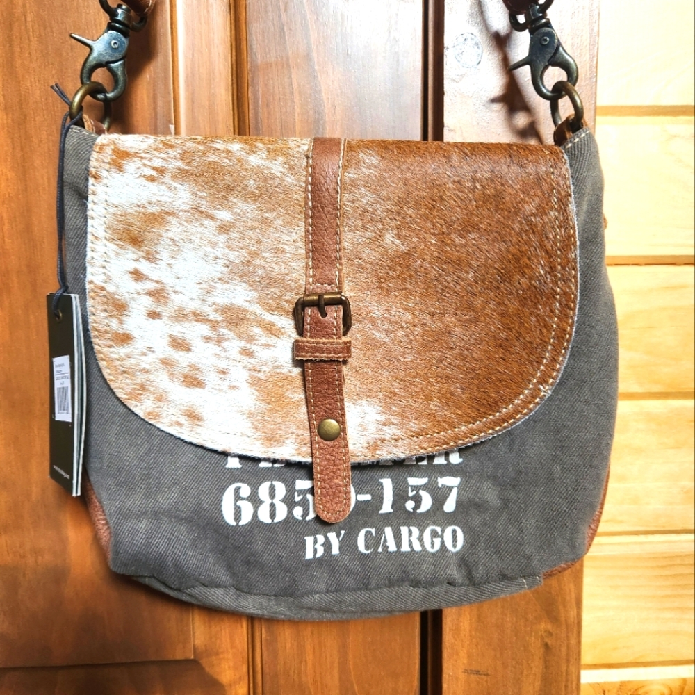 Myra bag. Canvas and genuine hair on leather trim crossbody